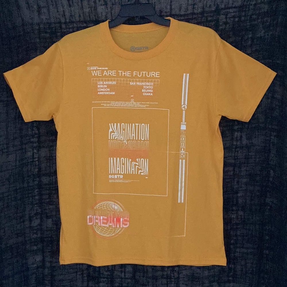 NWOT RGSTR Young Men’s Mustard “We Are The Future” Graphic T-Shirt